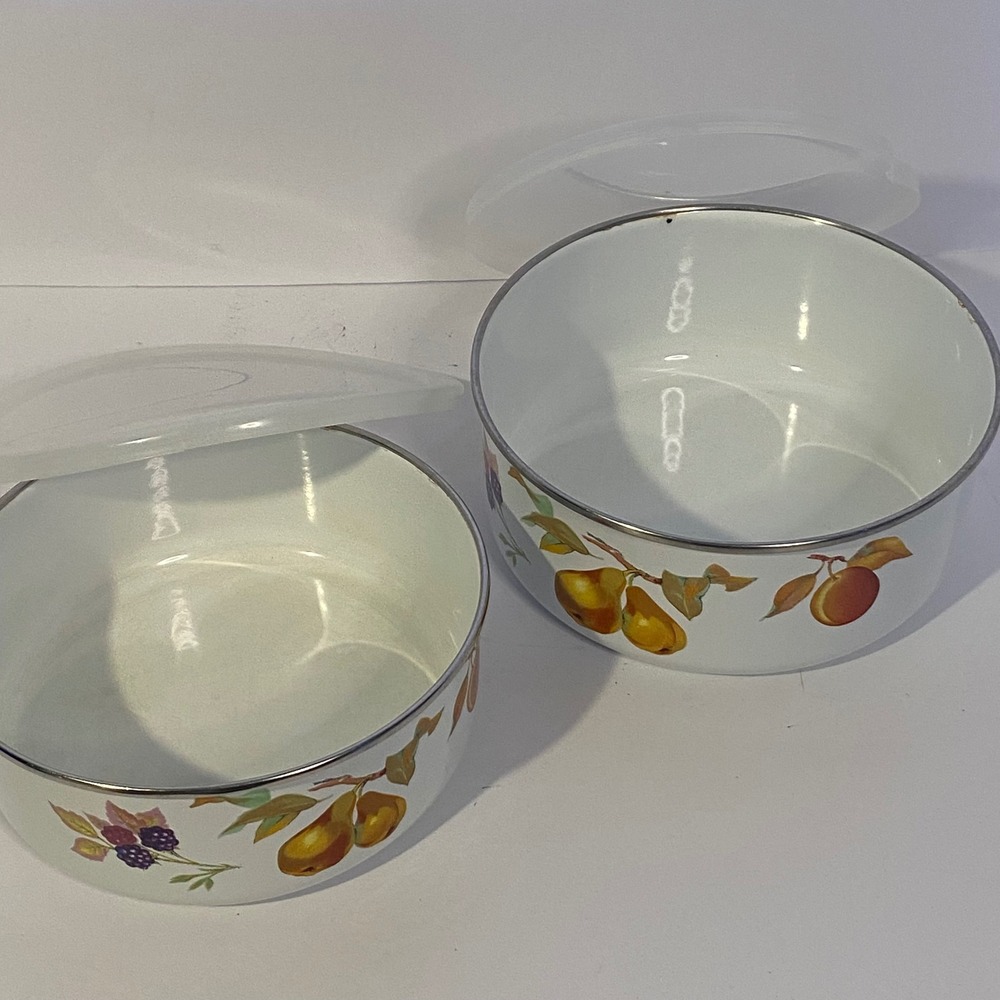 Vintage Royal Worcester Evesham Enamel Fruit Mixing Bowl Set 2pc White Lids